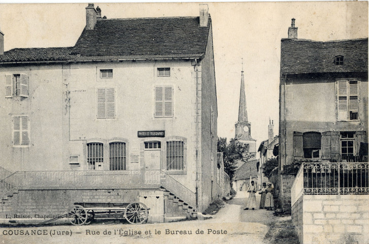 Cousance (Jura). La rue de l'église et le bureau de poste. L. Raison Chapellerie.