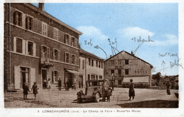 Longchaumois (Jura). Le Champ de Foire - Route de Morez. Longchaumois, Henri Vuillet Epicerie.