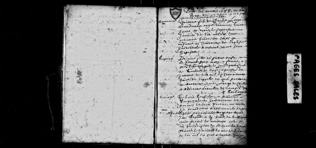 Série communale : baptêmes, mariages, sépultures 1688-mars 1705.