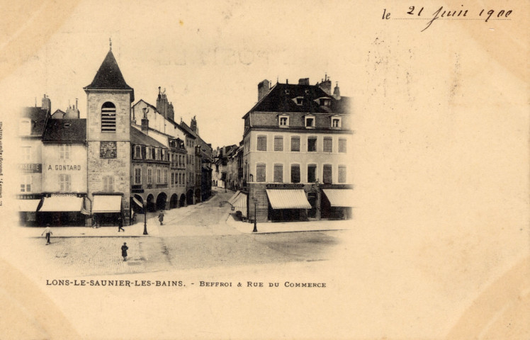 Lons-le-Saunier (Jura). Beffroi et rue du Commerce. L. Demay.
