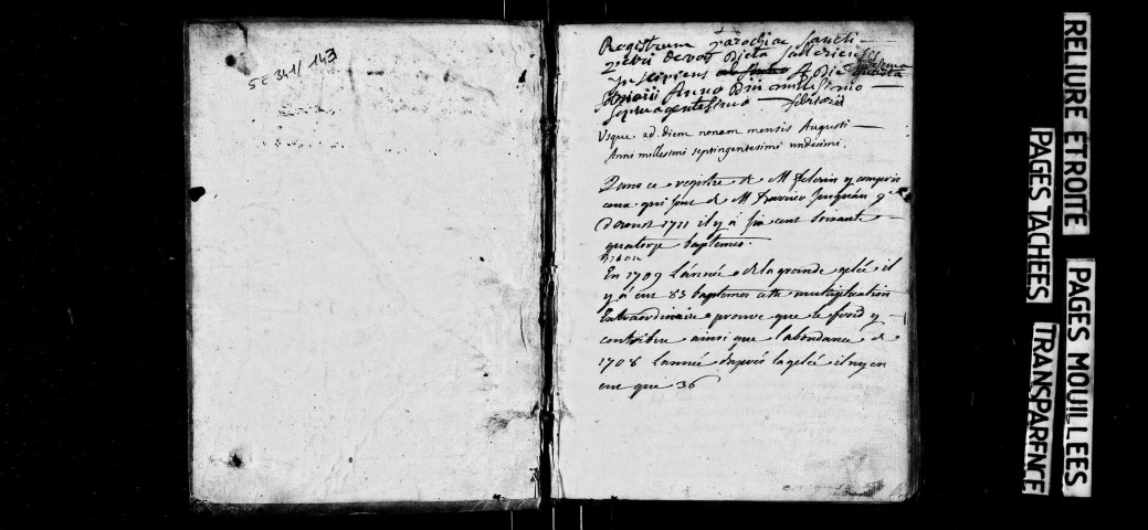 Série communale : baptêmes, mariages, sépultures février 1700-août 1711.Tables alphabétique des prénoms.