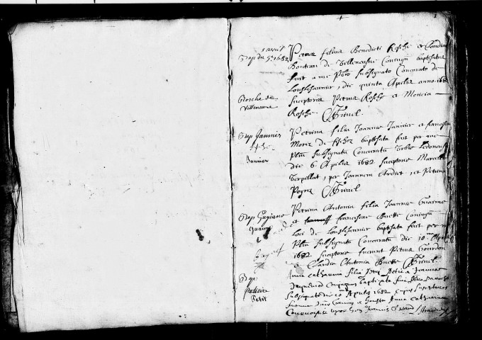 Baptêmes 5 avril 1682 - 31 décembre 1685, mariages et sépultures (en fin tête-bêche) 5 avril 1682 - 21 septembre 1685.