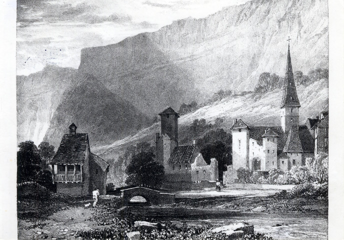 Baume-les-Messieurs (Jura). 13. L'abbaye en 1825, d'après une lithographie de Harding, des "Voyages pittoresques et romantiques". 34, rue du Châteaufort, 91450 Orsay. Auguste Allemand.