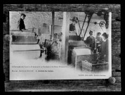 Reproduction de la carte postale "L'élevage des lapins angoras et la fabrique des sous-vêtements. Ateliers des cardes. Payard (Lons-le-Saunier)".
