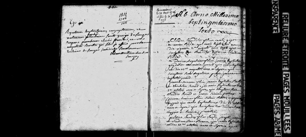 Série communale : baptêmes 1706-décembre 1746 - décembre 1748 ; mariages juin 1720-septembre 1769 ; sépultures avril 1720-avril 1744, mars 1745-1758.