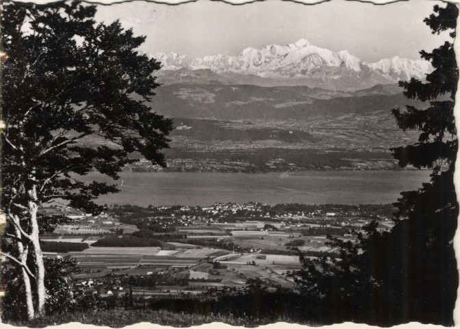 Col de la faucille (Ain), (Alt.1323 m.). Le Mont-Blanc et le Lac Léman vus du Col.