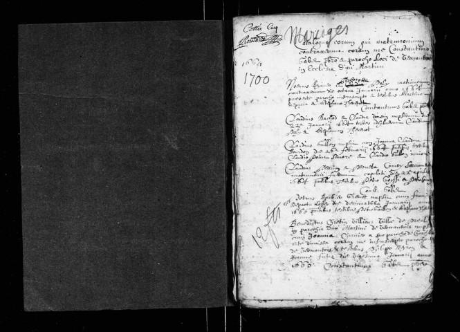 Série communale : mariages janvier 1664-mai 1700, baptêmes, sépultures avril-décembre 1687.