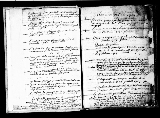 Série communale : sépultures 26 octobre 1706 - 2 novembre 1709, 13 novembre 1709 - 13 septembre 1726, 15 septembre 1726 - 27 décembre 1736.