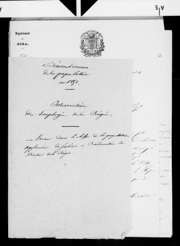 Rectifications demandées, par le Directeur des contributions directes, sur le dénombrement de la population de la ville de Salins : listes nominatives supplémentaires, correspondance, 1851-1853.