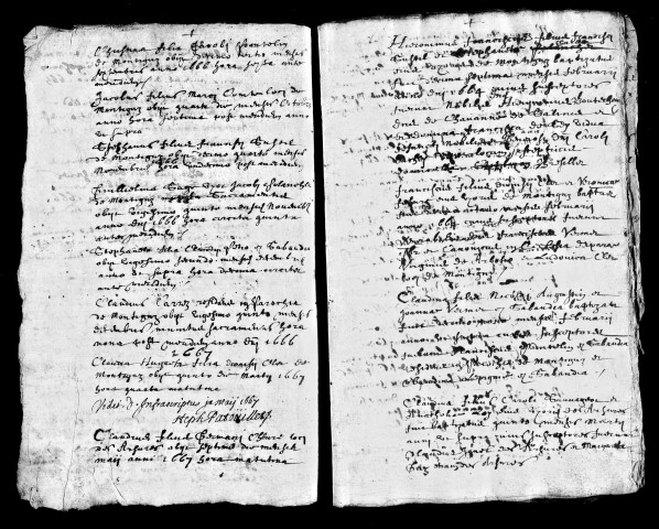 Baptêmes 1666-1673. A l'envers du registre baptêmes 1663-1664 et sépultures 1667-1673.