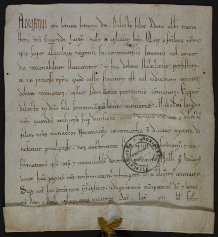 Bulle de confirmation d'une sentence de l'archevêque de Lyon, Humbaud, entre les abbayes de Saint-Oyend et de Nantua.