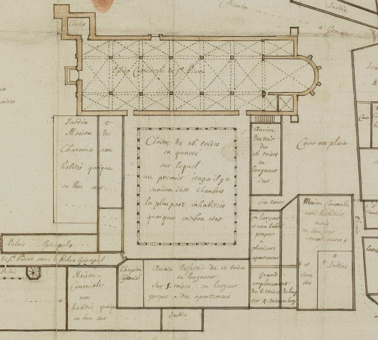 Plan de délimitation du bois de Taconne, appartenant aux Marenches, 1776, Amoudru, coul., 39,5 x 50. (Plan étranger au fonds ?).