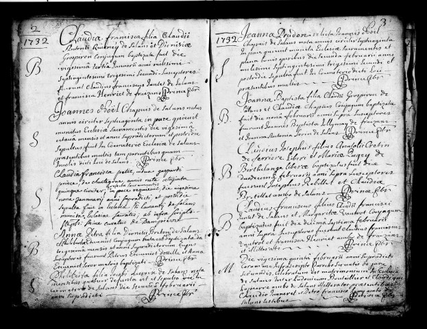 Baptêmes, mariages, sépultures 1732-29 janvier 1757. Table alphabétique des baptêmes, mariages, sépultures 1732-1757.