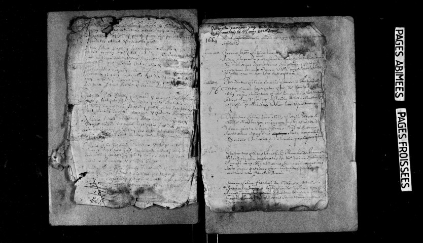Série communale : baptêmes septembre 1664-avril 1688, sépultures 1666-1685, mariages, sépultures 1686-1688.