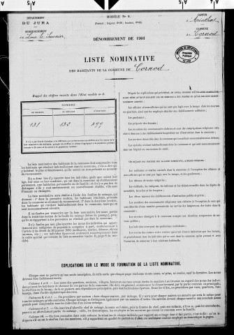 Cornod.- Renseignements statistiques, 1881, 1886. Listes nominatives, 1896-1911, 1921-1936.