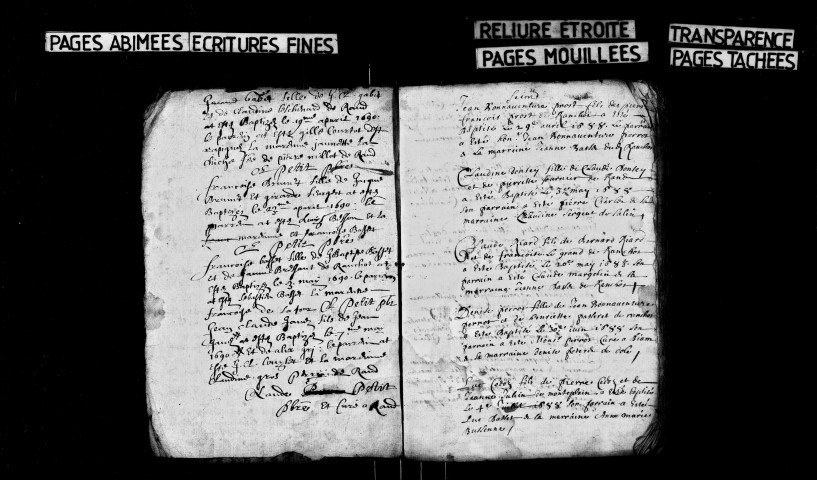 Baptêmes 1689-janvier 1705 ; mariages, sépultures mars 1686-novembre 1703.