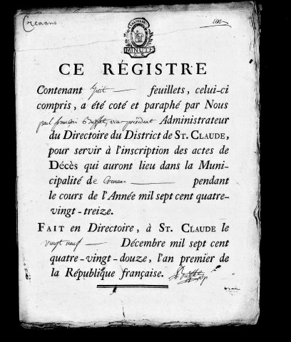 Série communale : décès, 1793-an III.