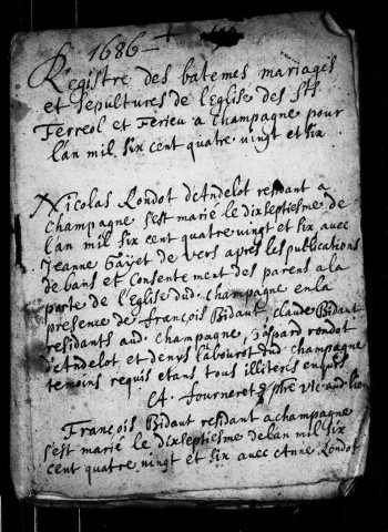 Baptêmes, mariages et sépultures, 1686, 1689.