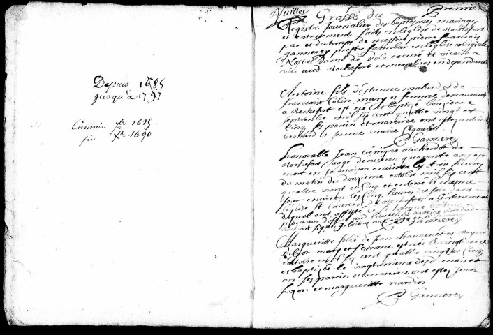 Série communale : baptêmes, mariages, sépultures 1685-1690.