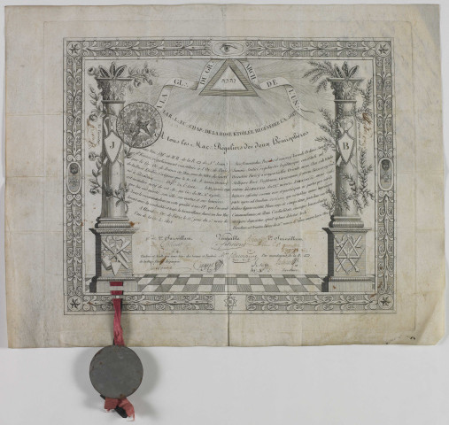 Antoine Denoroy, né à Beauvais.- Certificat maçonnique français et latin par la loge de la Rose étoilée, de rite écossais (Grand Orient de France).
