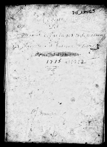 Baptêmes, mariages et sépultures, 1715, 1718 - 21 janvier 1722 (puis un acte de baptêmes de 1735 sur la couverture).