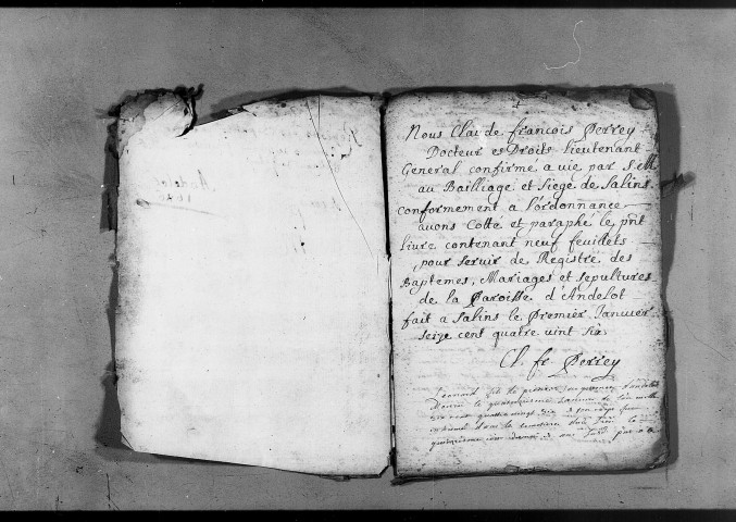 Registres particuliers pour Andelot tenus par le curé de Supt. baptêmes, mariages, sépultures 1686, 1737-1748