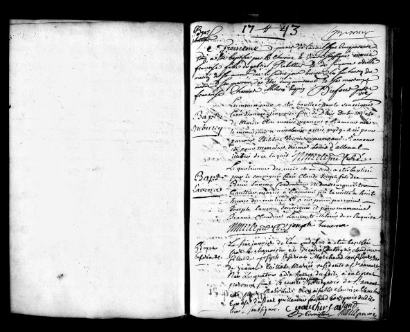 Série communale : baptêmes 3 janvier 1743-30 décembre 1748. Baptêmes, mariages, sépultures 19 juillet 1747-18 avril 1748.