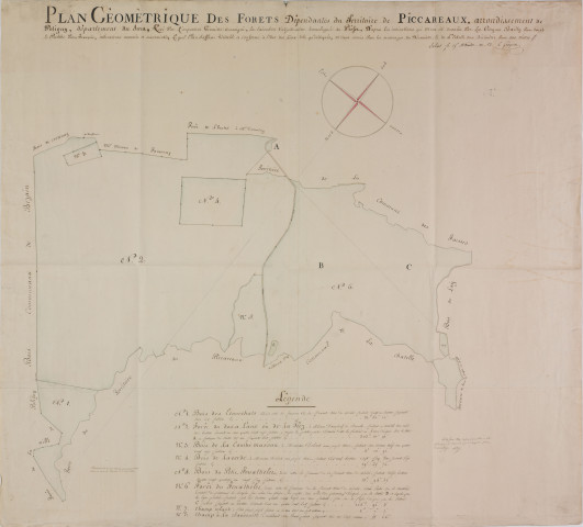 Picarreau. Plan du livre foncier dressé par Louis Grégoire. Plan des forêts situées sur le territoire communal.