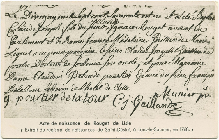 Acte de naissance de Rouget de Lisle. (Extrait du registre de naissances de Saint-Désiré, à Lons-le-Saunier, en 1760).