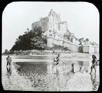 Reproduction d'une vue du Mont Saint-Michel, au premier plan présence de pêcheurs à pied dans la baie.