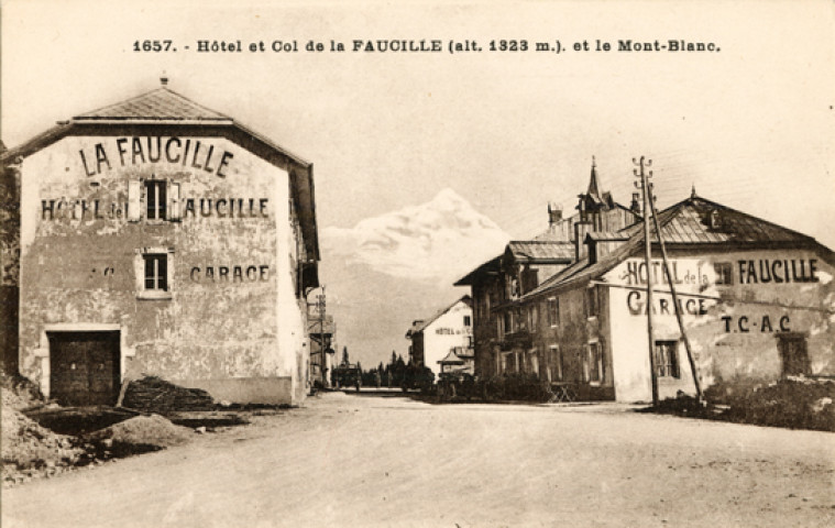 Col de la Faucille (Ain). 1657. L'hôtel, le col de la Faucille, alt.1323m. et le Mont-Blanc. Besançon, Ch. Girardot et Cie.