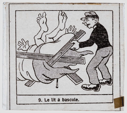 Reproduction d'une illustration de la saynète "Les tribulations d'un bleu", vue 9/12 : "Le lit à bascule".