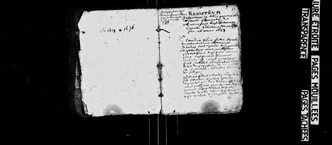 Série communale : baptêmes septembre 1638-juin 1676, mariages novembre 1637-janvier 1675.