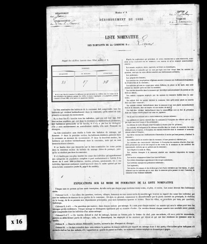 Résultats généraux, 1886-1891. Listes nominatives, 1886, 1891. Population classée par profession, 1891. Classement spécial des étrangers, 1891.