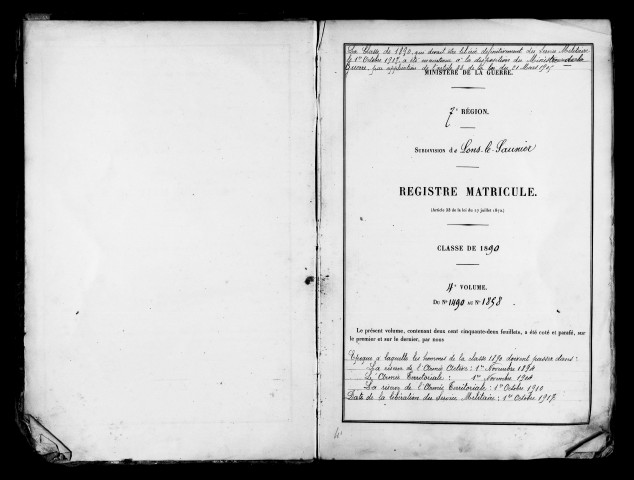 Quatrième volume. Matricules 1490 à 1886 + 1, nombre de pages 369. Etat moyen.