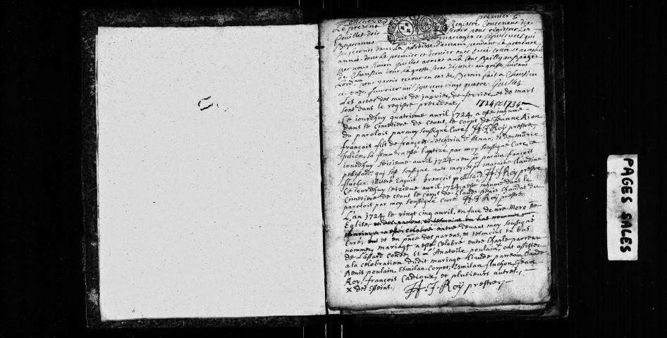 Série communale : baptêmes, mariages, sépultures avril 1724-décembre 1734.