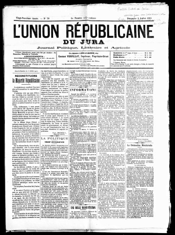 L'Union républicaine du Jura. 2ème semestre 1911.