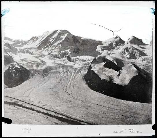 Reproduction d'un cliché intitulé "Lysskamm. 4538 m. Les Jumaux. Castor 4230 m. Pollux 4094 m.".