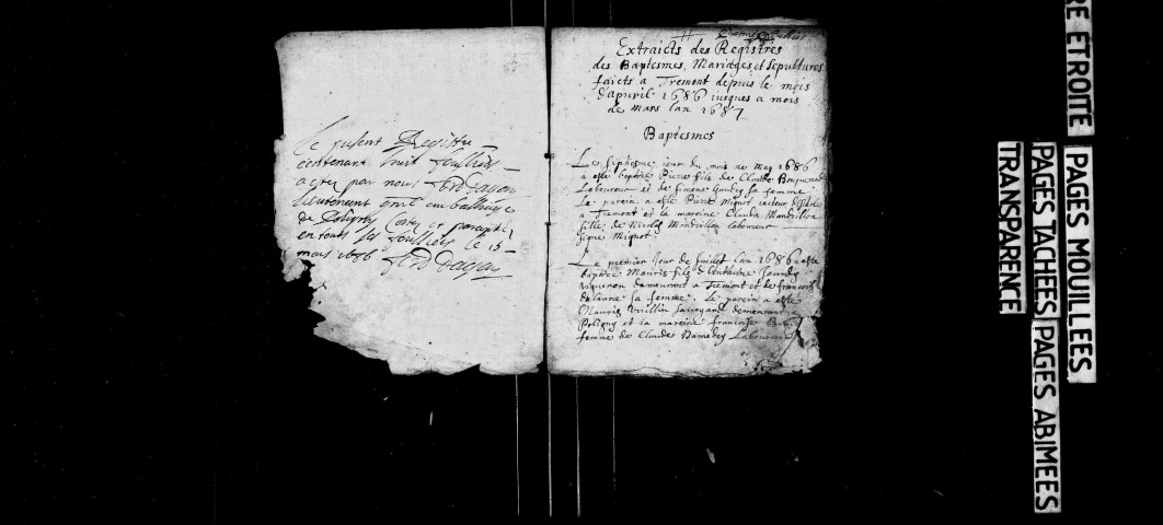 Baptêmes, mariages, sépultures avril 1686-mars 1687, 1725-1764.