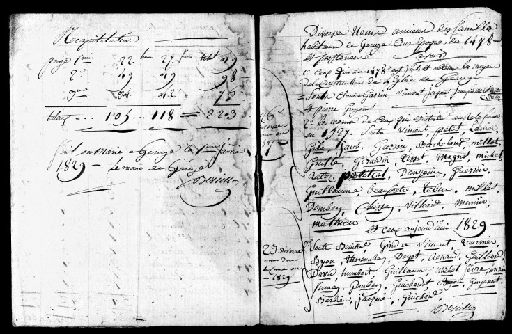 Tableaux nominatifs de la population, 1829, 1831. Résultats généraux, 1856, 1866, 1876-1891. Listes nominatives, 1836, 1841, 1856, 1861, 1866, 1872, 1876, 1881, 1886, 1891. Population classée par profession, 1891. Classement spécial des étrangers, 1891.