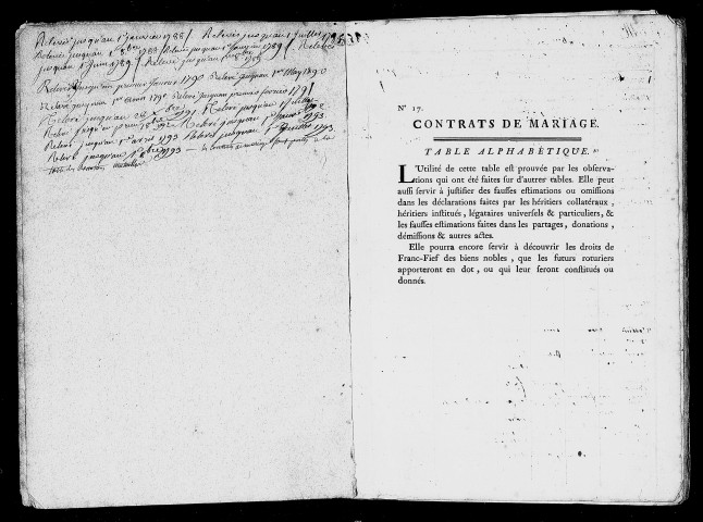 table des contrats de mariage (8 novembre 1785- 11 pluviôse An VI)