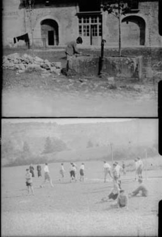 Colonie l'Espérance Lédonnienne à Clairvaux. Partie de football, enfant fontaine