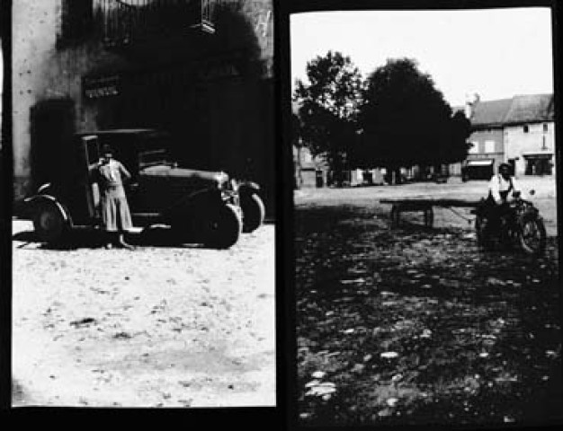 Femme devant une voiture / Homme sur une moto