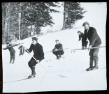 Reproduction d'une vue de skieurs en position de descente.