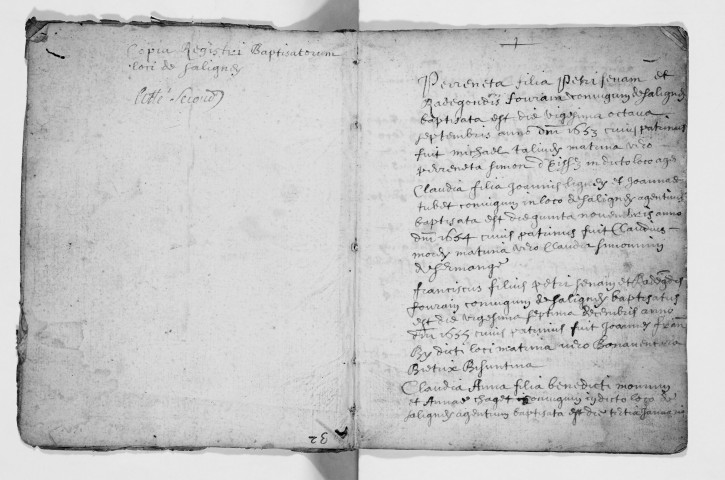Série communale : baptêmes 28 septembre 1653 - 10 octobre 1694, baptêmes, mariages, sépultures 4 mars 1738 - 24 janvier 1743.