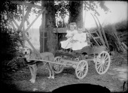 Deux enfants sur une charrette tirée par un chien