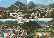 Saint-Claude (Jura). Vue générale. Cathédrale Saint-Pierre et le Mont Chabot. La Place du 9 avril et le pont de pierre. Le centre nautique du Martinet.