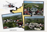 Grozon (Jura). Carte postale comportant trois vues : vue générale, l'église entourée de quelques maisons et les Plâtrières. SOFER Bromocolor.