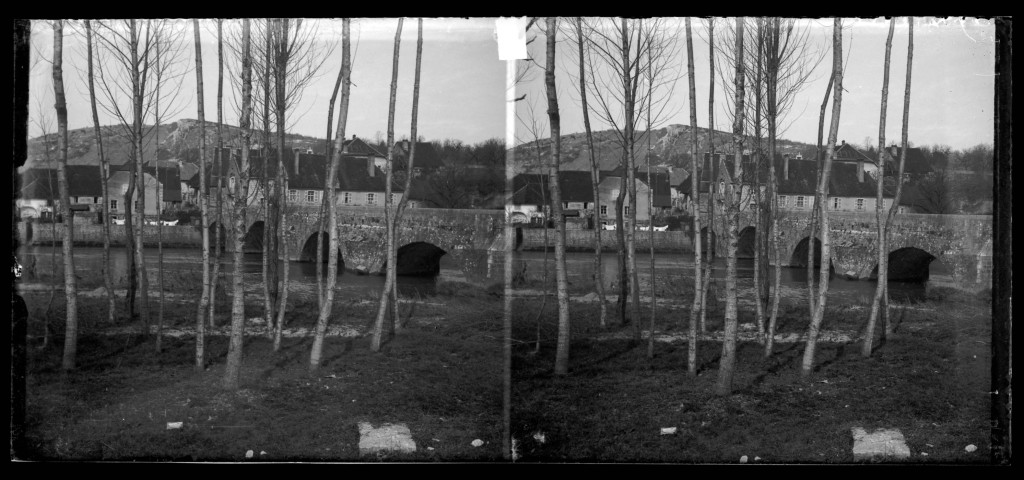 Maisons près d'un pont enjambant la Loue à Port-Lesney, un ensemble d'arbres au premier plan.