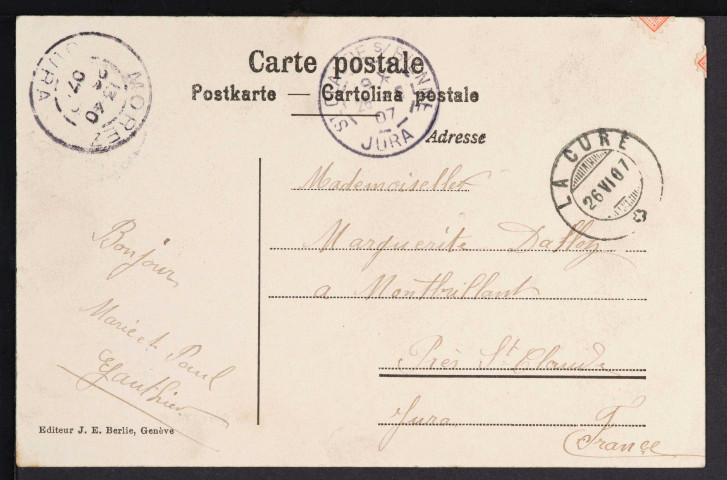 La Cure (Vaud) (Éditeur J. E. Berlie, Genève ; Union postale universelle) (1907)